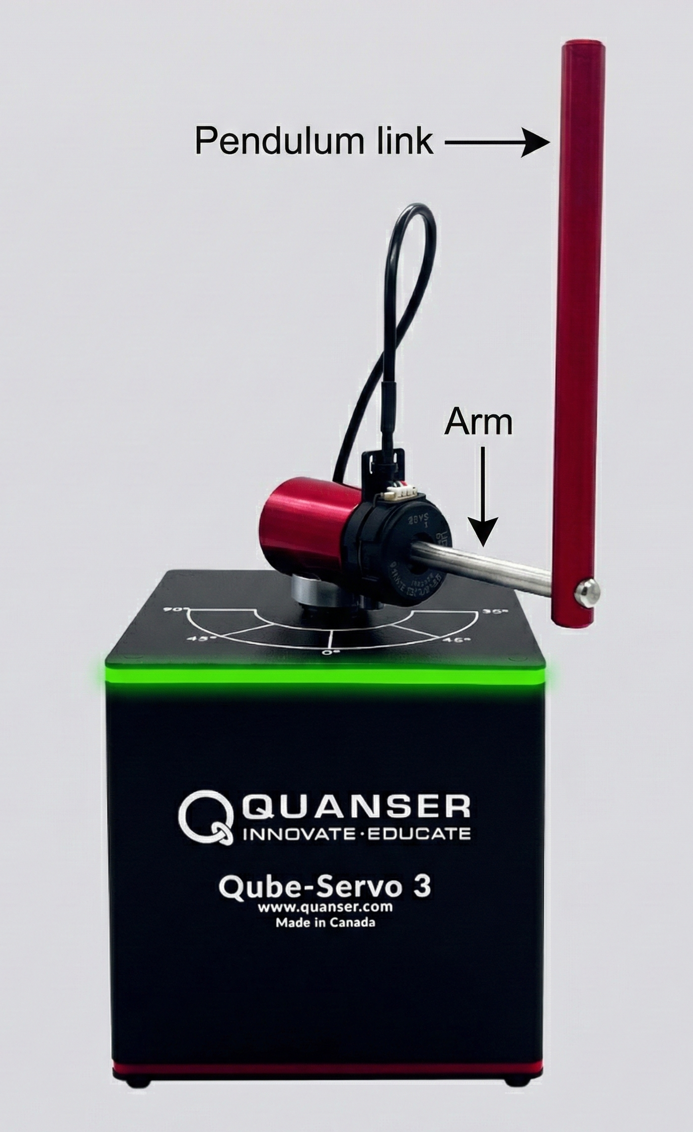 QUBE angles diagram (SVG) showing arm angle phi (ϕ) and pendulum angle theta (θ)